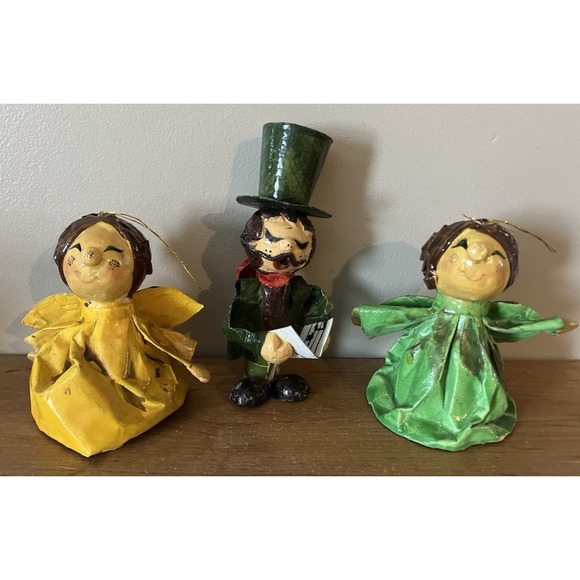 Other - Vintage MCM Paper Mache Folk Art Angel and Caroler Ornaments Set - Taiwan